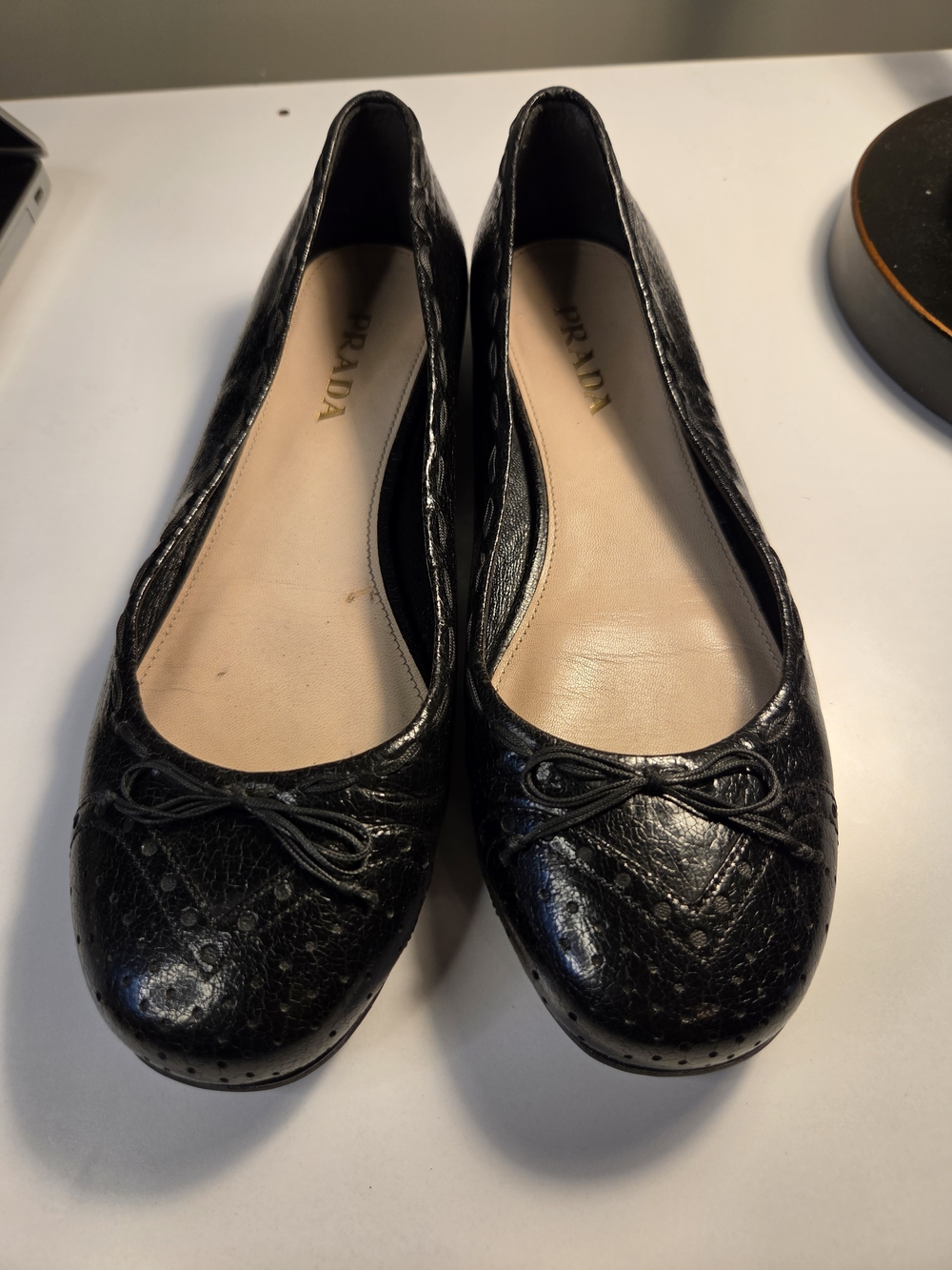 Prada Black Leather Ballet Flats with Bow Detail